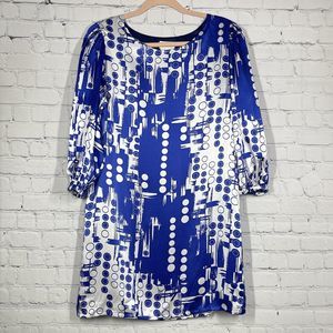 Dress Limited Collection 100% Silk Size 4 Mini Round Neck Geo Blue Flowy Soft